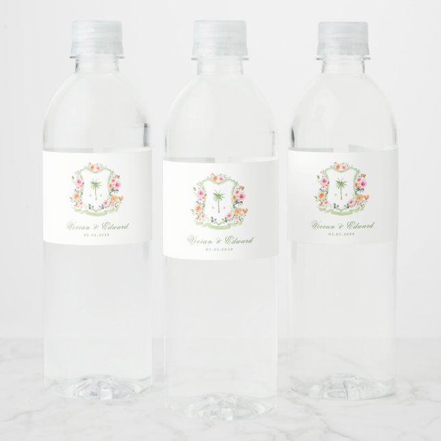 Tropical Palm Tree Monogram Crest Beach Wedding Water Bottle Label (Bottles)