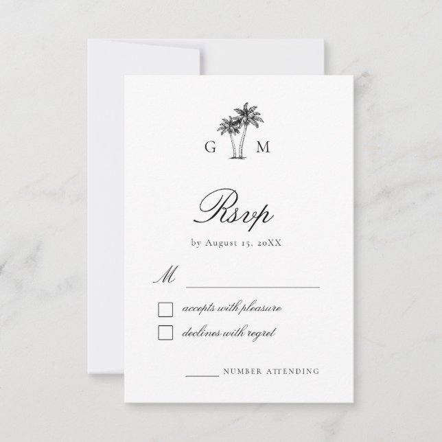 Tropical Palm Tree Monogram Destination Wedding RSVP Card (Front)