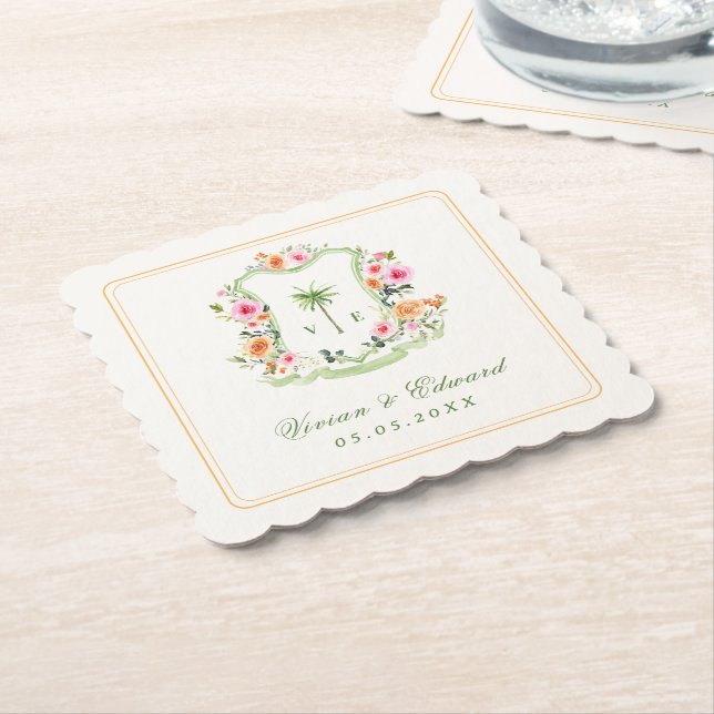 Tropical Palm Tree Monogram Summer Beach Wedding Paper Coaster (Angled)