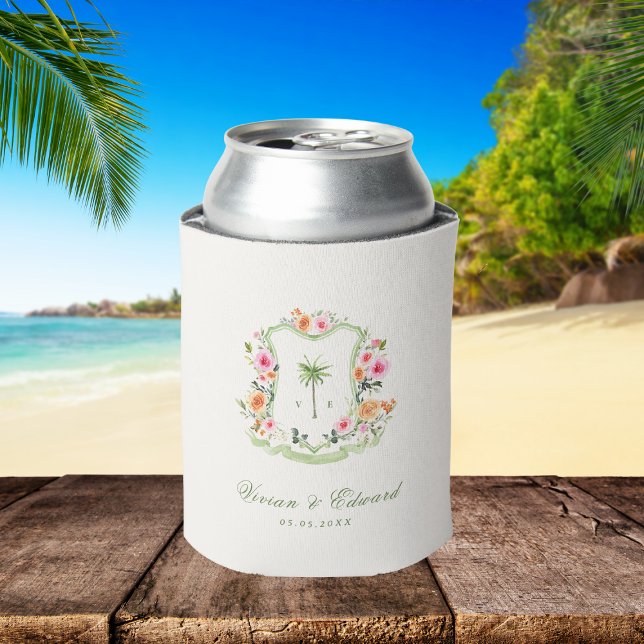 Tropical Palm Tree Monogram Summer Wedding Favour Can Cooler (Creator Uploaded)