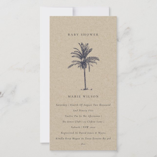 Tropical Palm Tree Navy Kraft  Baby Shower Invite (Front)