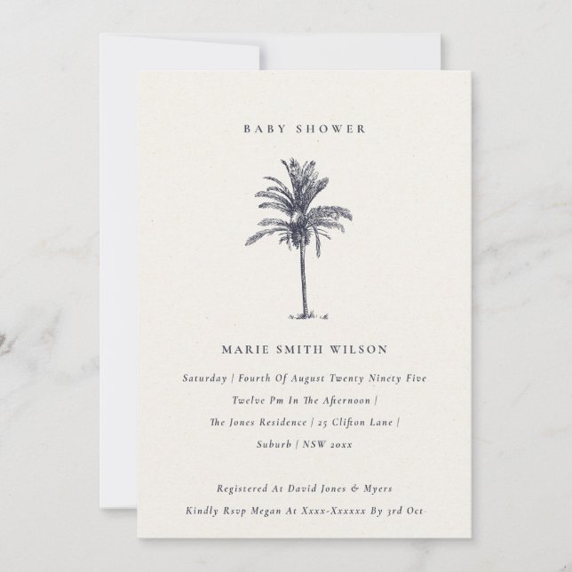 Tropical Palm Tree Navy Kraft Baby Shower Invite (Front)