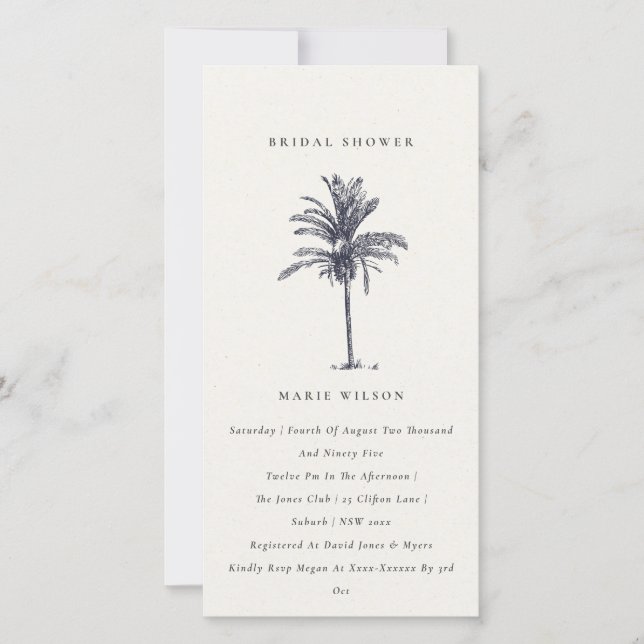 Tropical Palm Tree Navy Kraft Bridal Shower Invite (Front)