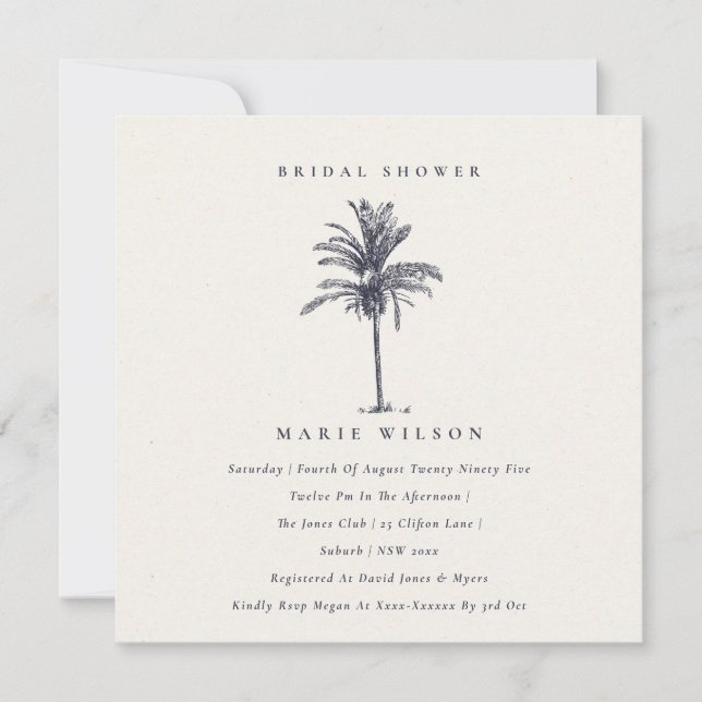 Tropical Palm Tree Navy Kraft Bridal Shower Invite (Front)