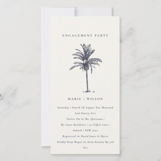 Tropical Palm Tree Navy Kraft Engagement Invite (Front)