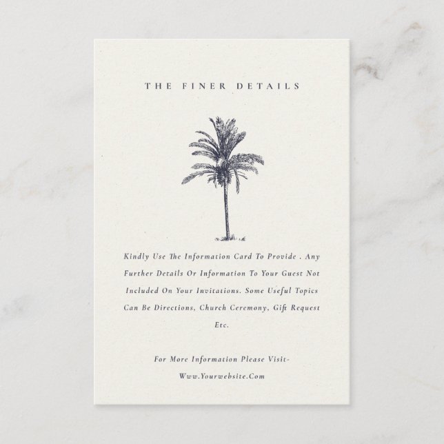 Tropical Palm Tree Navy Kraft Wedding Details Enclosure Card (Front)