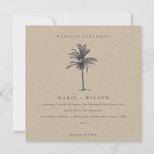 Tropical Palm Tree Navy Kraft Wedding Invite (Front)