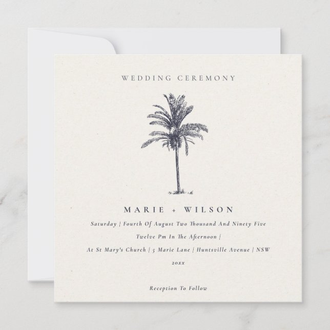 Tropical Palm Tree Navy Kraft Wedding Invite (Front)