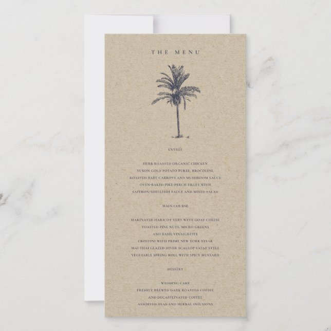 Tropical Palm Tree Navy Kraft Wedding Menu Card (Front)