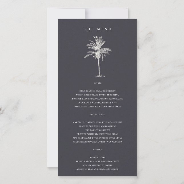 Tropical Palm Tree Navy Kraft Wedding Menu Card (Front)