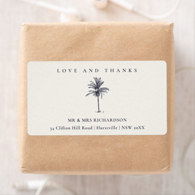 Tropical Palm Tree Navy Kraft Wedding Thanks (Insitu)