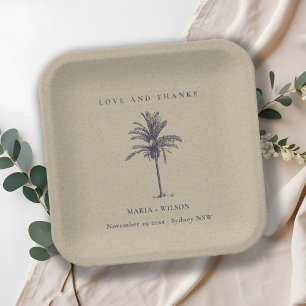 Tropical Palm Tree Navy Kraft Wedding Thanks Paper Plate
