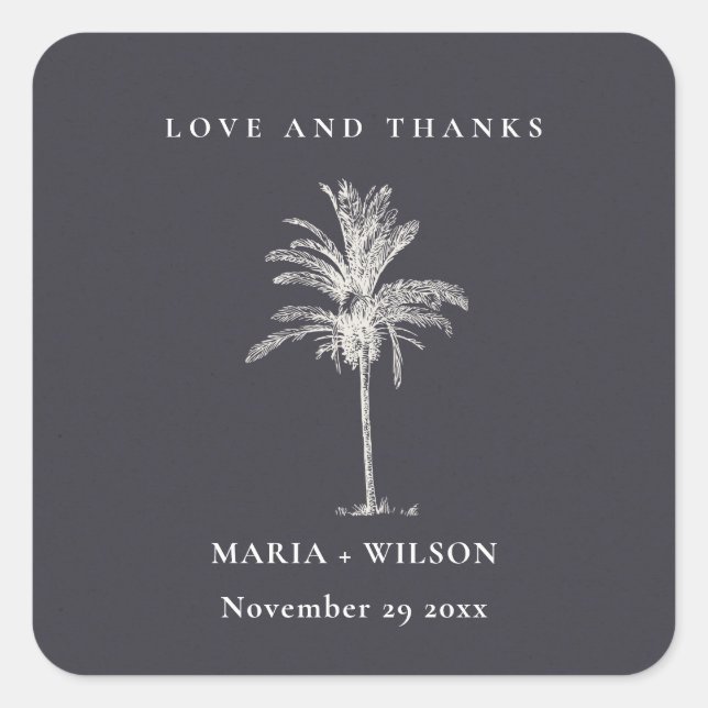 Tropical Palm Tree Navy Kraft Wedding Thanks Square Sticker (Front)