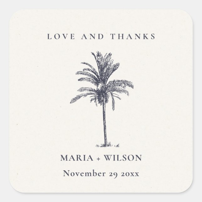Tropical Palm Tree Navy Kraft Wedding Thanks Square Sticker (Front)