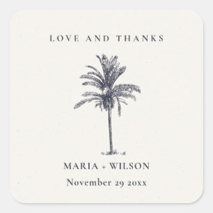 Tropical Palm Tree Navy Kraft Wedding Thanks Square Sticker