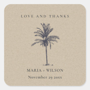 Tropical Palm Tree Navy Kraft Wedding Thanks Square Sticker
