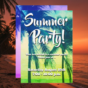 Tropical palm tree neon colour summer party invitation