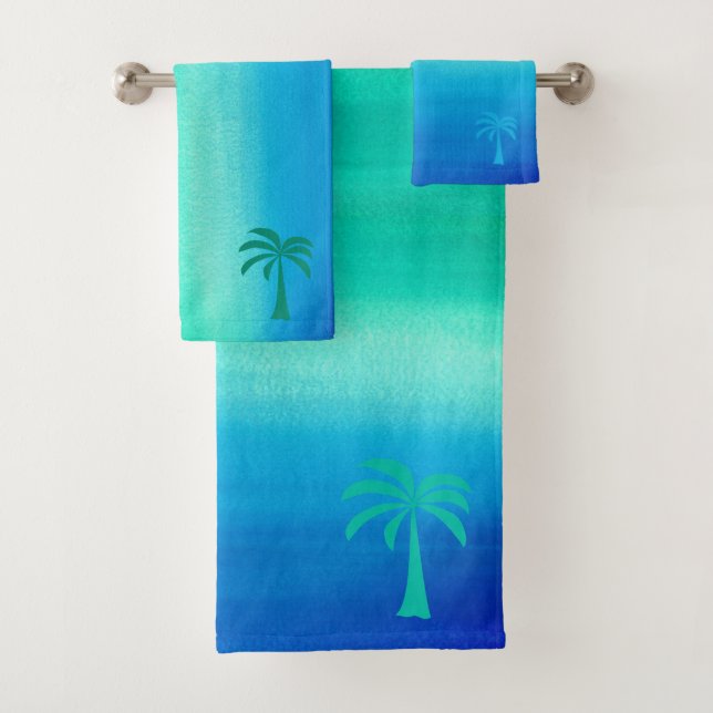 Tropical Palm Tree Ocean Blue Green Ombre Beach Bath Towel Set (Insitu)