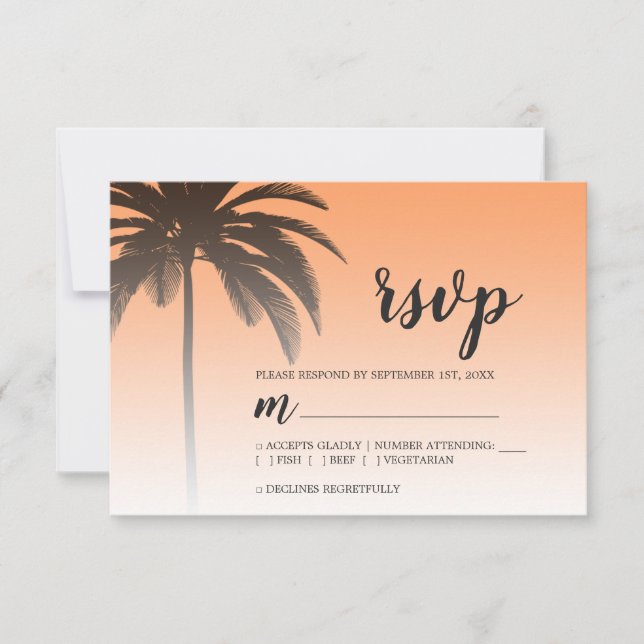 Tropical Palm Tree Orange Beach Wedding RSVP Card (Front)