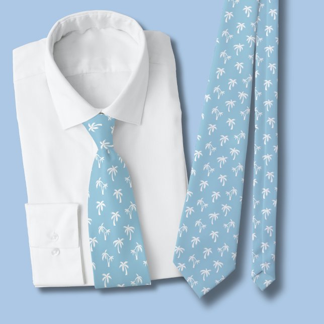 Tropical Palm Tree pattern baby blue Tie (light blue and white palm tree tie)