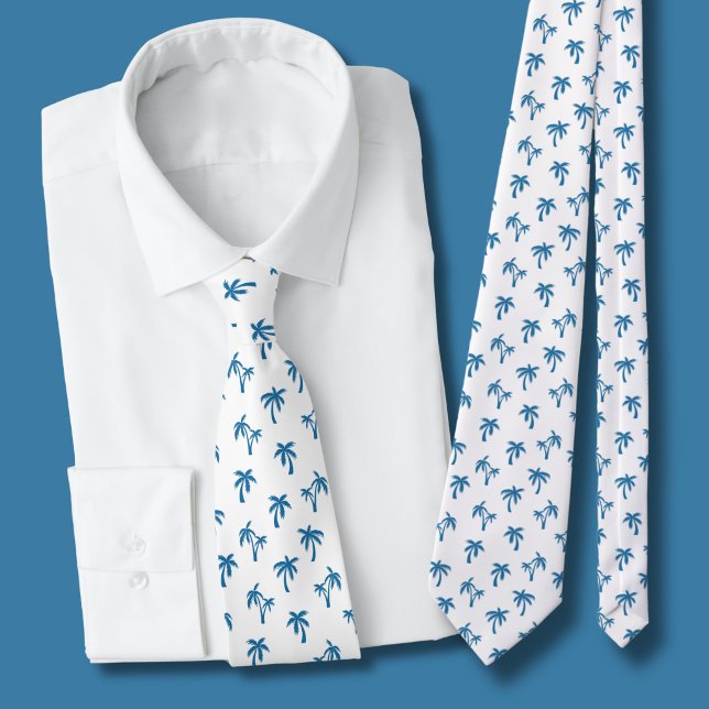 Tropical Palm Tree pattern blue Tie (blue and white palm tree tie)