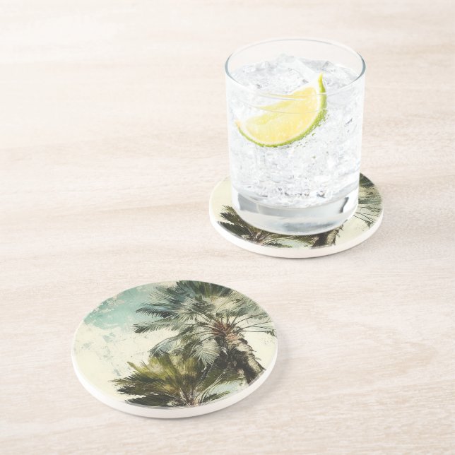 Tropical Palm Tree Pattern Sandstone Coaster (Side)