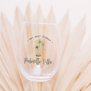 Tropical Palm Tree Personalised Beach House Name Stemless Wine Glass