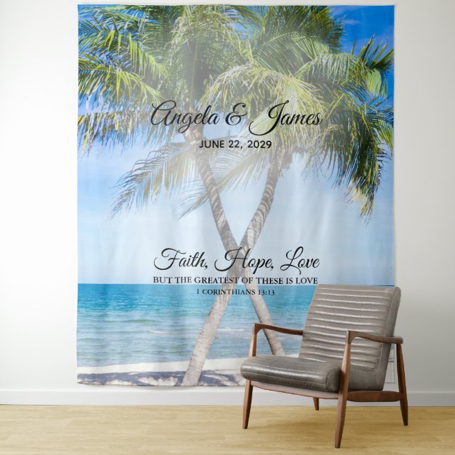 Tropical Palm Tree Photo Personalised Wedding Tapestry (In Situ)