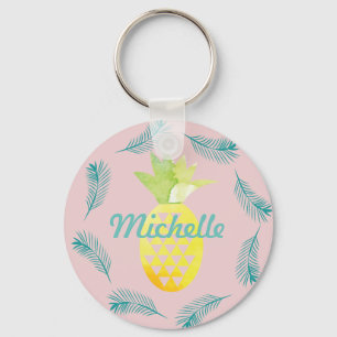 Tropical Palm Tree Pineapple Pink Name Keychain
