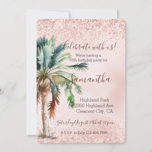Tropical Palm Tree Pink Glitter    Invitation (Front)