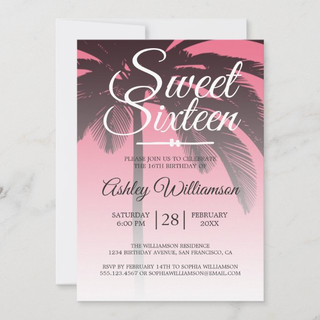 Tropical Palm Tree Pink Sweet 16 16th Birthday Invitation (Front)