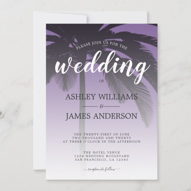 Tropical Palm Tree Purple Beach Wedding Invitation (Front)