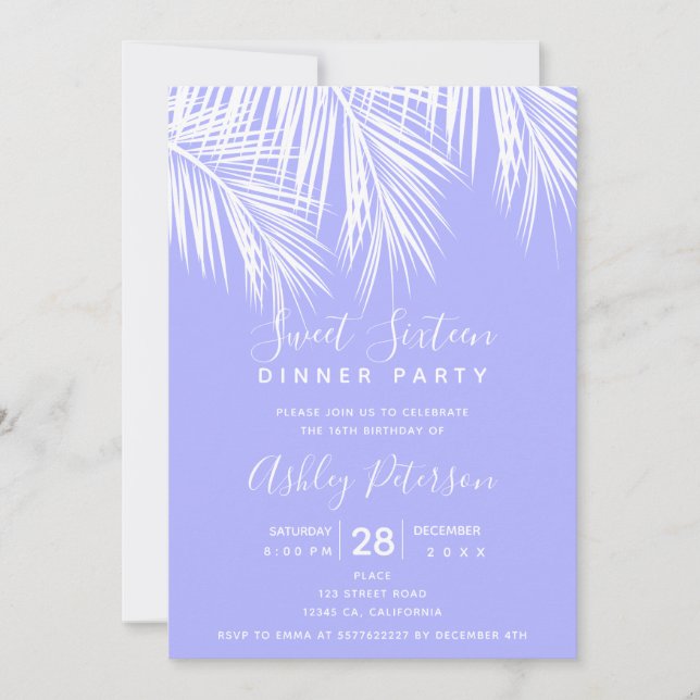 Tropical palm tree purple typography Sweet 16 Invitation (Front)