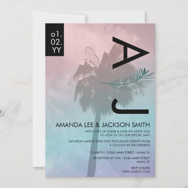 Tropical Palm Tree Realistic Pink Blue Wedding Inv Invitation (Front)