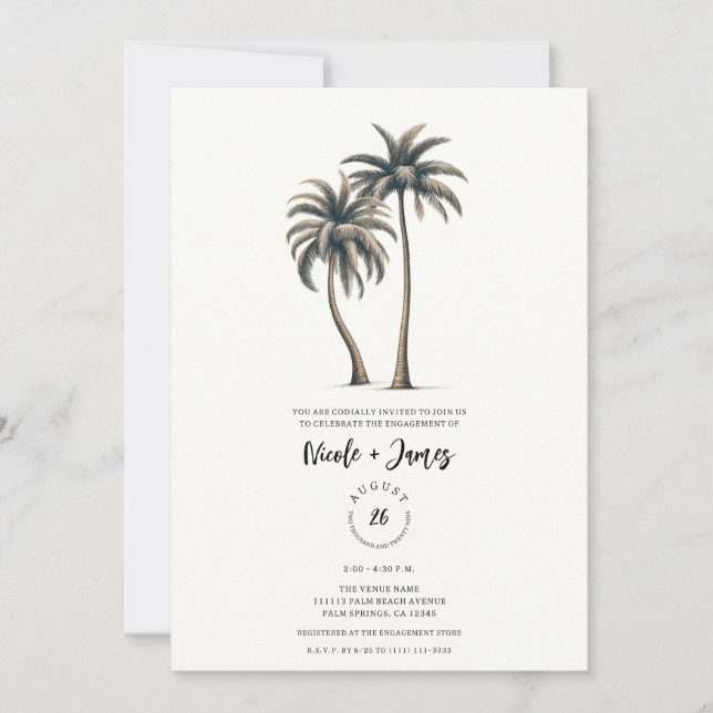 Tropical Palm Tree Rustic Coastal Engagement Party Invitation (Front)