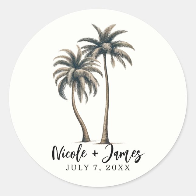 Tropical Palm Tree Rustic Coastal Wedding Classic Round Sticker (Front)
