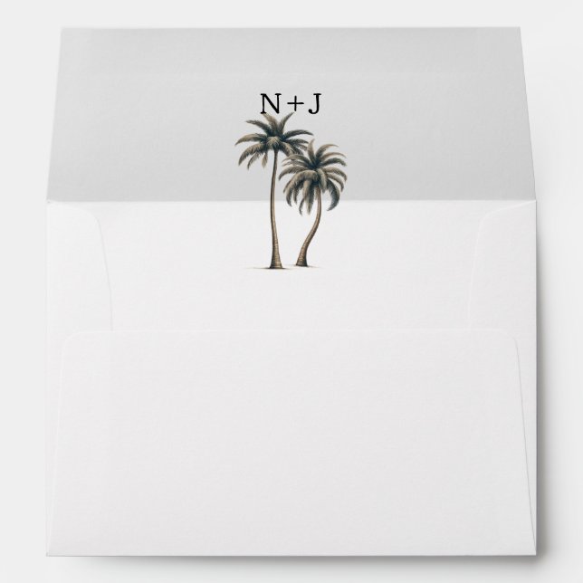 Tropical Palm Tree Rustic Coastal Wedding  Envelope (Back (Bottom))