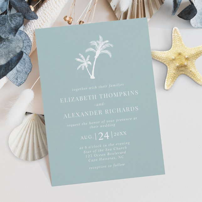 Tropical Palm Tree Sea Glass Minimal Beach Wedding Invitation (Creator Uploaded)