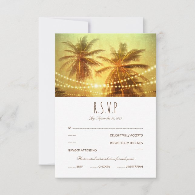 Tropical Palm Tree String light Beach Wedding RSVP Card (Front)
