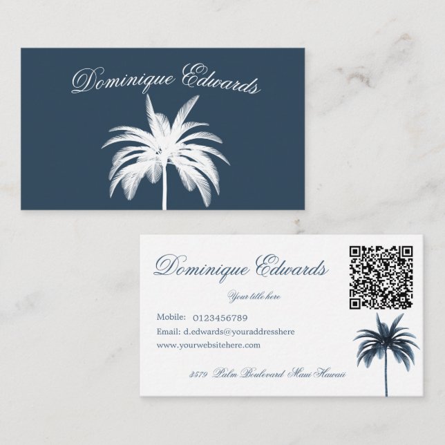 Tropical Palm Tree Stylish Blue White QR  Business Card (Front/Back)