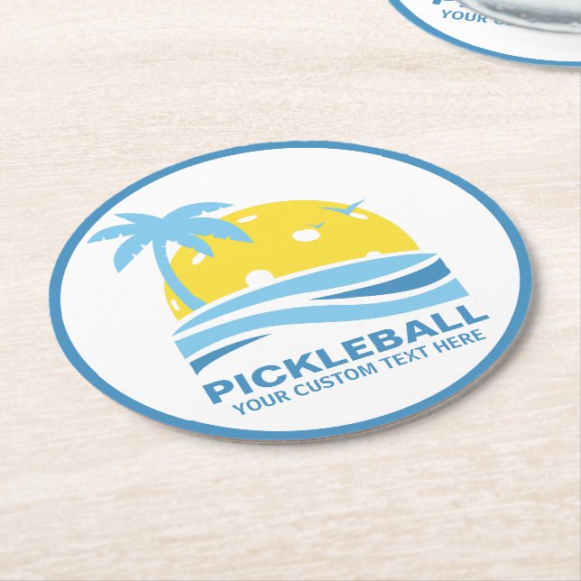 Tropical Palm Tree Sun Custom Pickleball Round Paper Coaster (Angled)