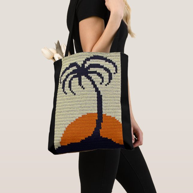 Tropical Palm Tree Sunrise Artisan Crochet Print   Tote Bag (Close Up)