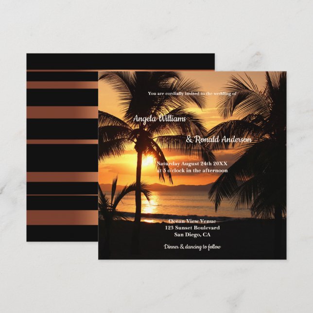 Tropical Palm Tree Sunset Beach Wedding Invitation (Front/Back)