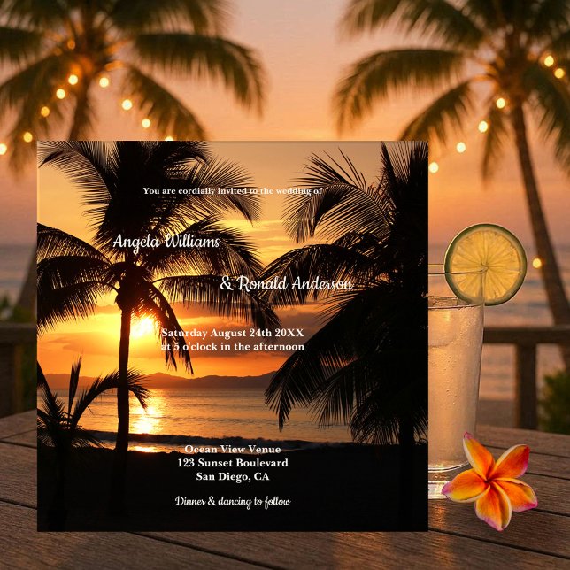 Tropical Palm Tree Sunset Beach Wedding Invitation (Romantic destination wedding invitation featuring a sunset at the beach framed by palm trees)