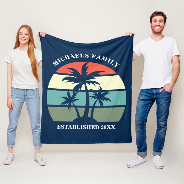 Tropical Palm Tree Sunset Custom Blue Beach House Fleece Blanket (In Situ)