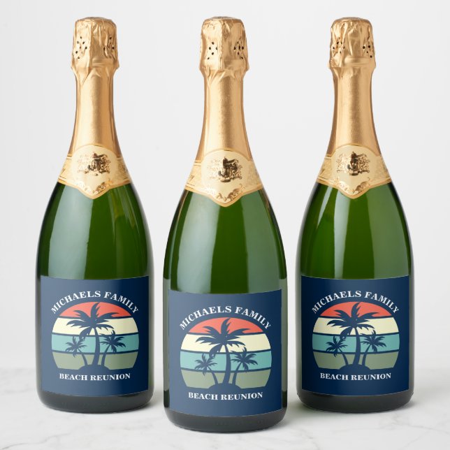 Tropical Palm Tree Sunset Custom Blue Beach Party Sparkling Wine Label (Bottles)