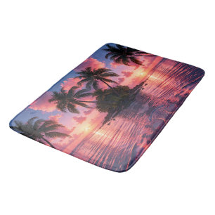 Tropical Palm Tree Sunset Pink Ocean Beach Bath Mat