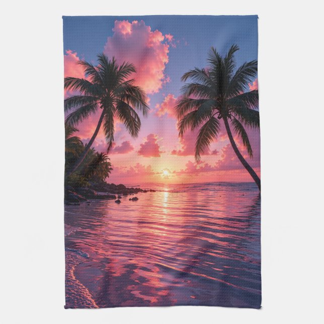 Tropical Palm Tree Sunset Pink Ocean Beach Tea Towel (Vertical)
