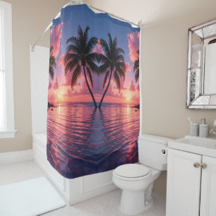 Tropical Palm Tree Sunset Pink Ocean Shower Curtain