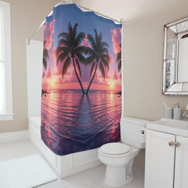 Tropical Palm Tree Sunset Pink Ocean  Shower Curtain (In Situ)